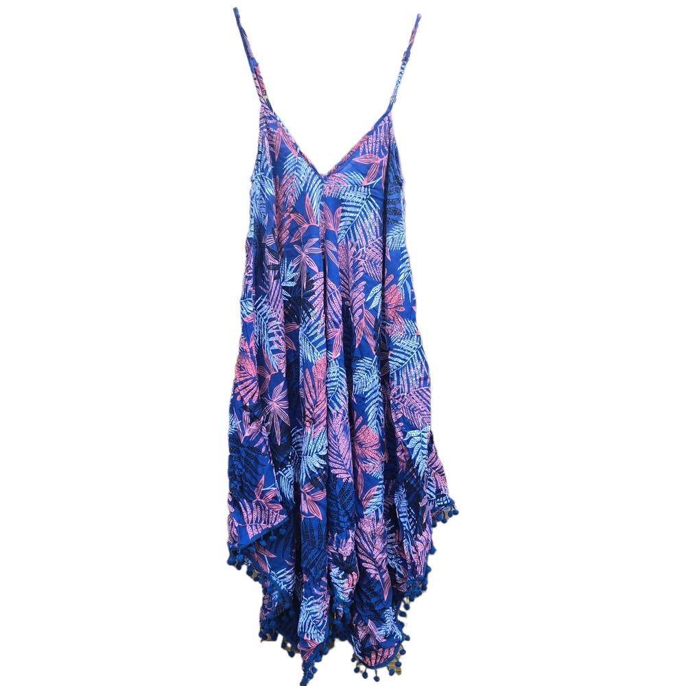 Goa Beachwear by Japna Navy Tropical Palm Print Pom Pom Handkerchief Hem Dress L
